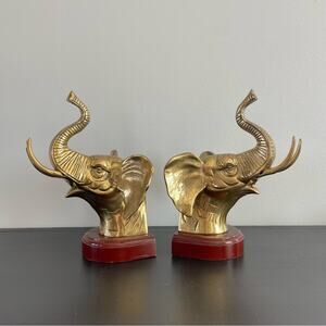 Vintage | Gold Brass Elephant Head & Wood Base Book Ends Pair Set Animal Design